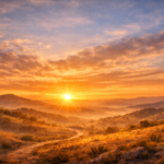 Soft sunrise over rolling hills with golden light and misty valleys, symbolizing resurrection morning hope and renewal.